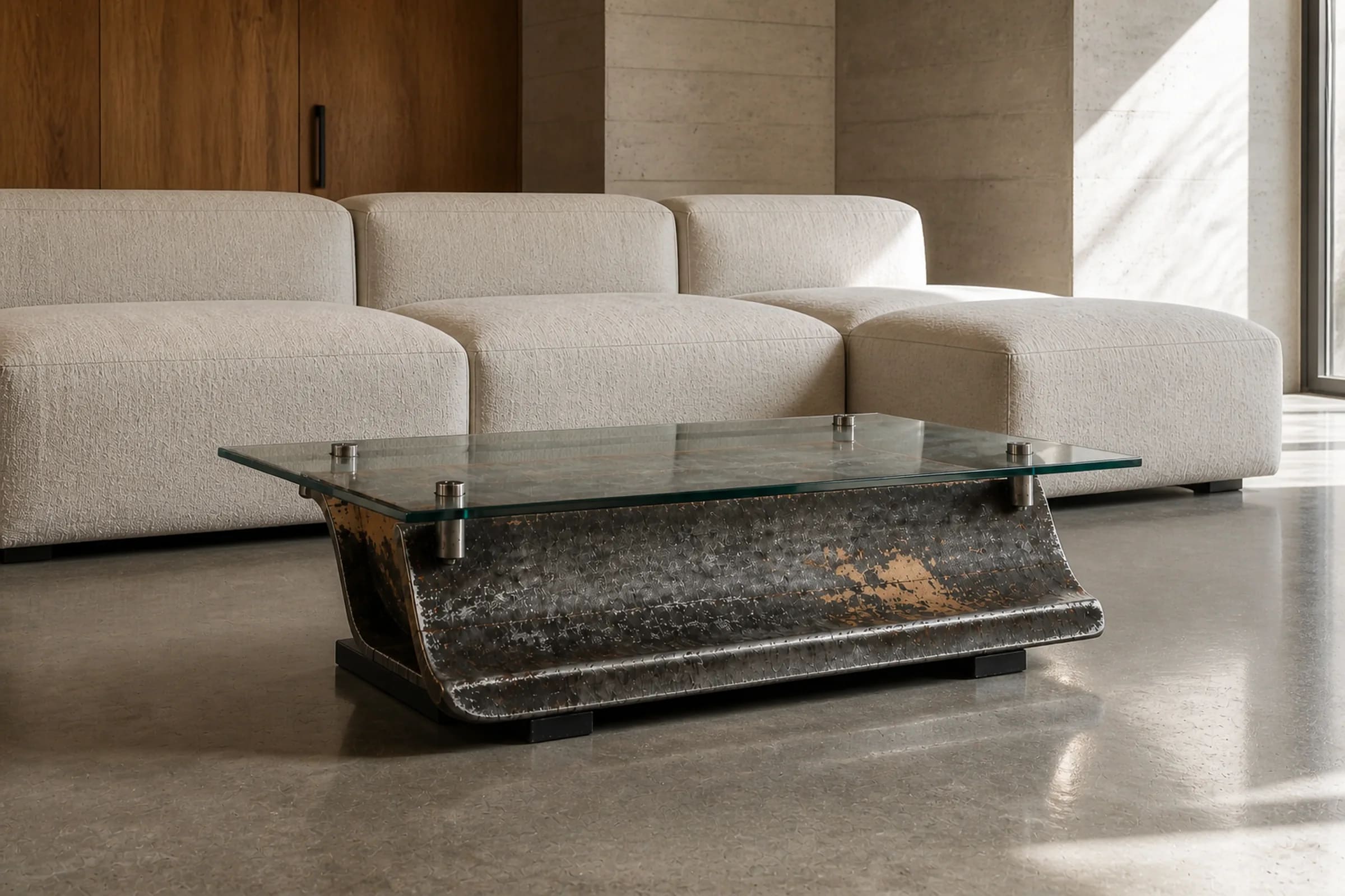 BLADE 120 coffee table with glass top in a modern living room.