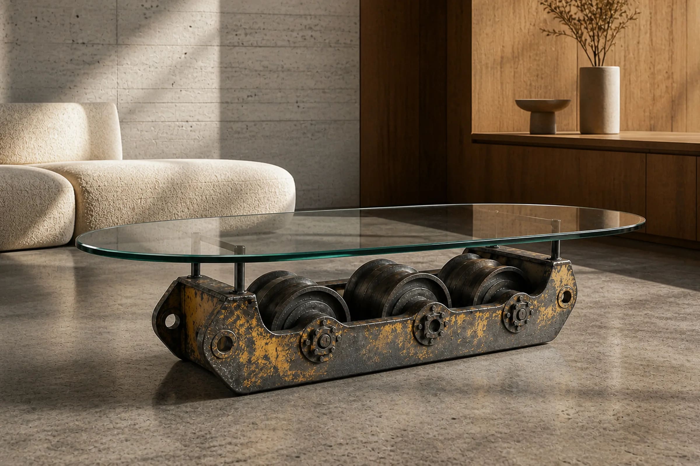 Oval BOGIE 125 table with three undercarriage rollers in a brutalist living room.