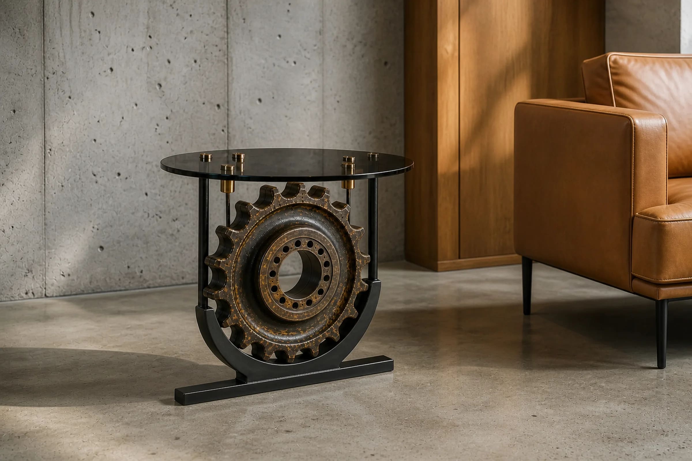 SPROCKET 55 side table from a vertical drive sprocket beside a leather armchair.