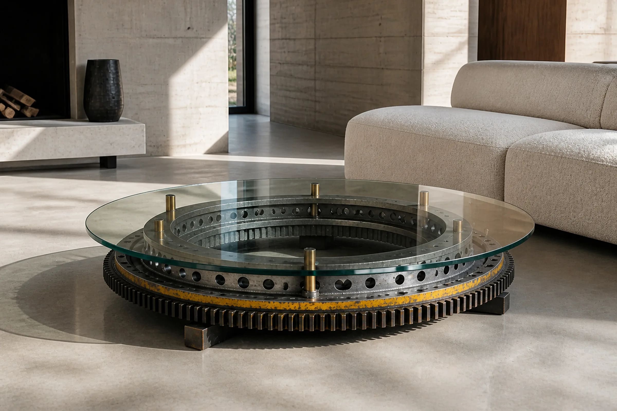 Round SLEW 110 table made from an excavator slewing ring in a bright living room.