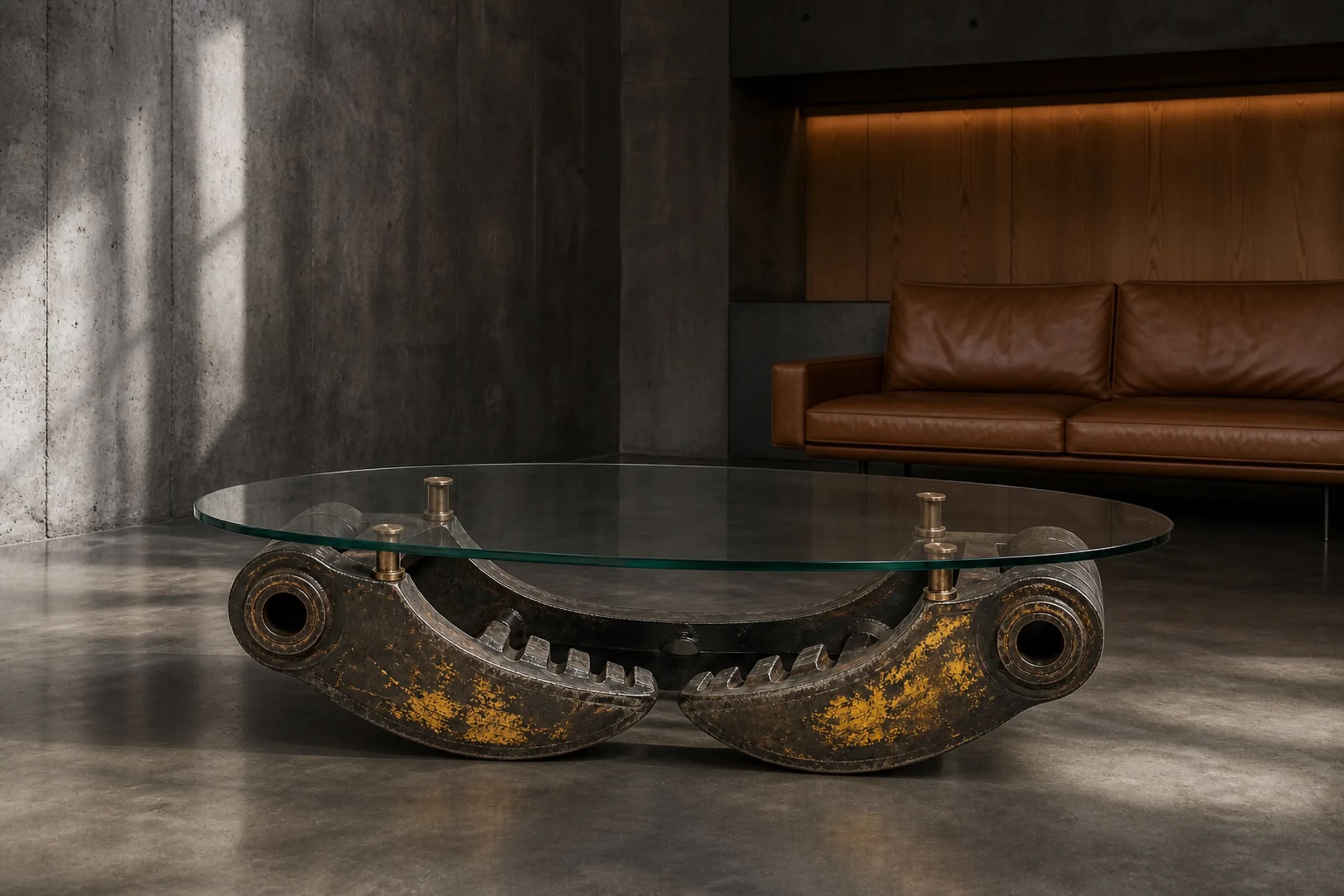 GRAPPLE 150 oval coffee table from two demolition grapple jaws in a dark interior.