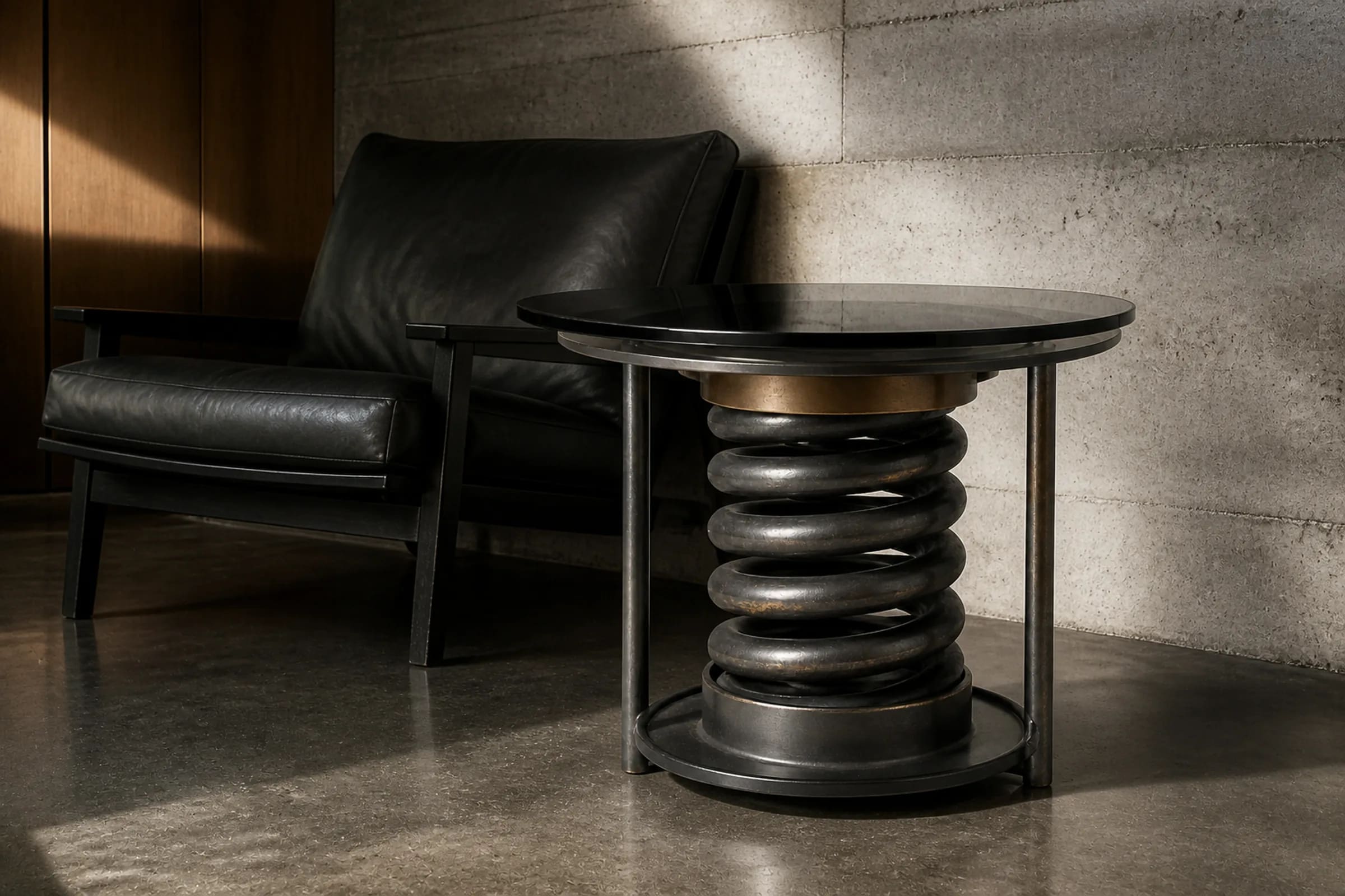 TENSION 65 side table made from an excavator track spring beside a low chair.
