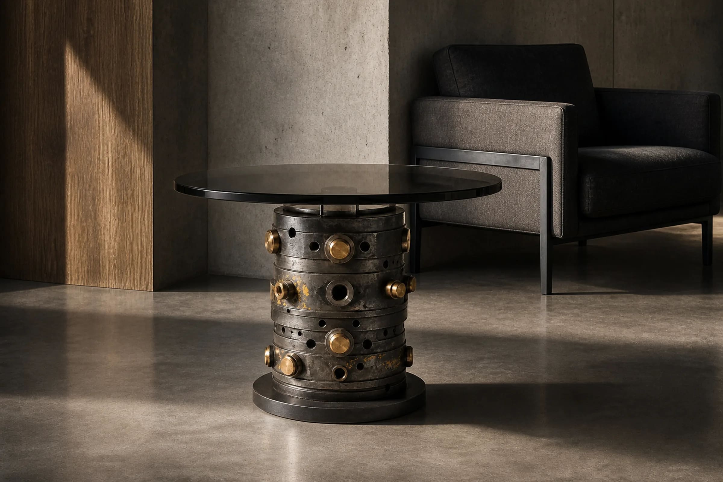 SWIVEL 75 side table made from a hydraulic rotary manifold in a quiet interior.