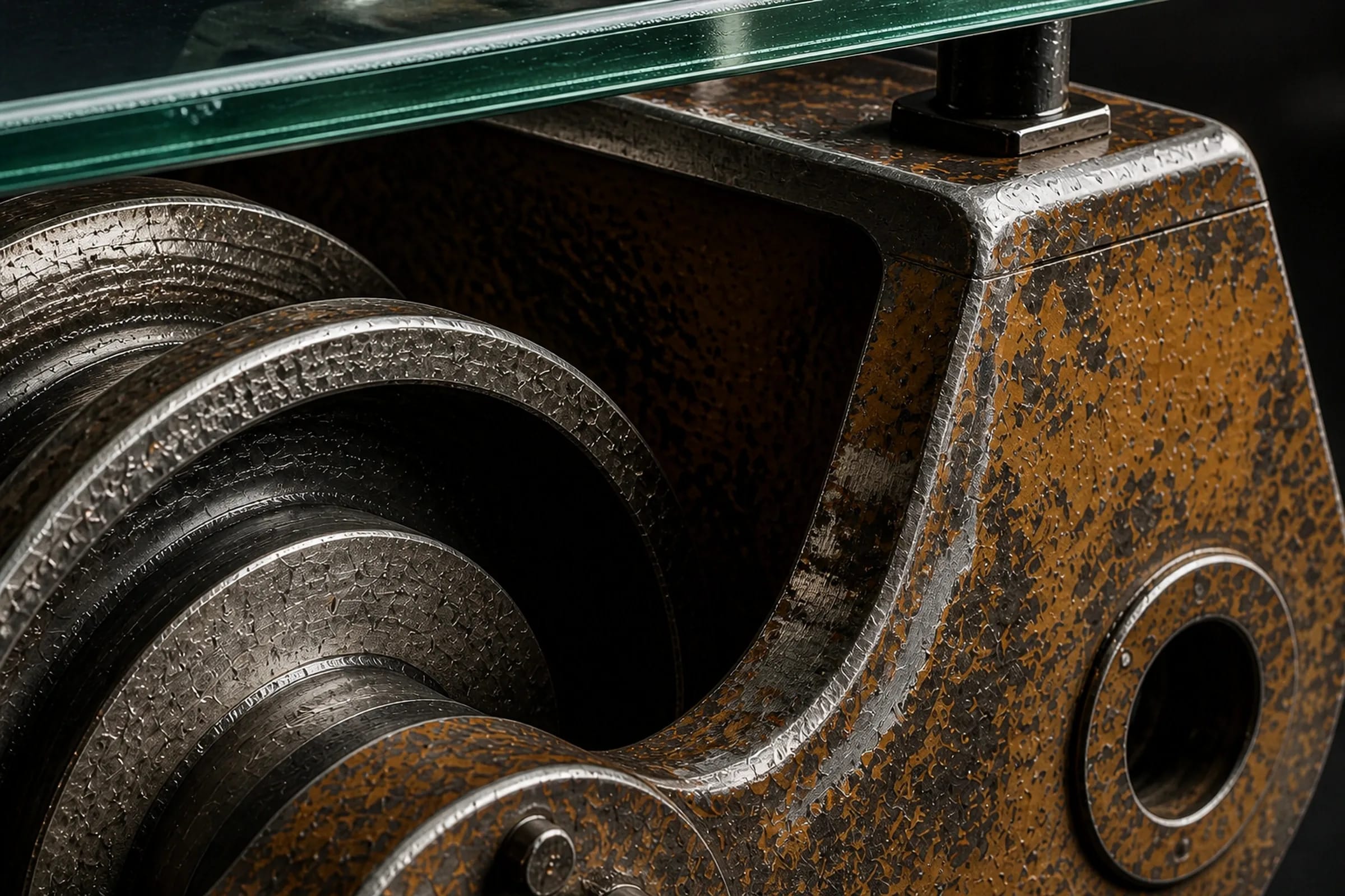 Detail of rollers, worn yellow side plate and glass edge on BOGIE 125.