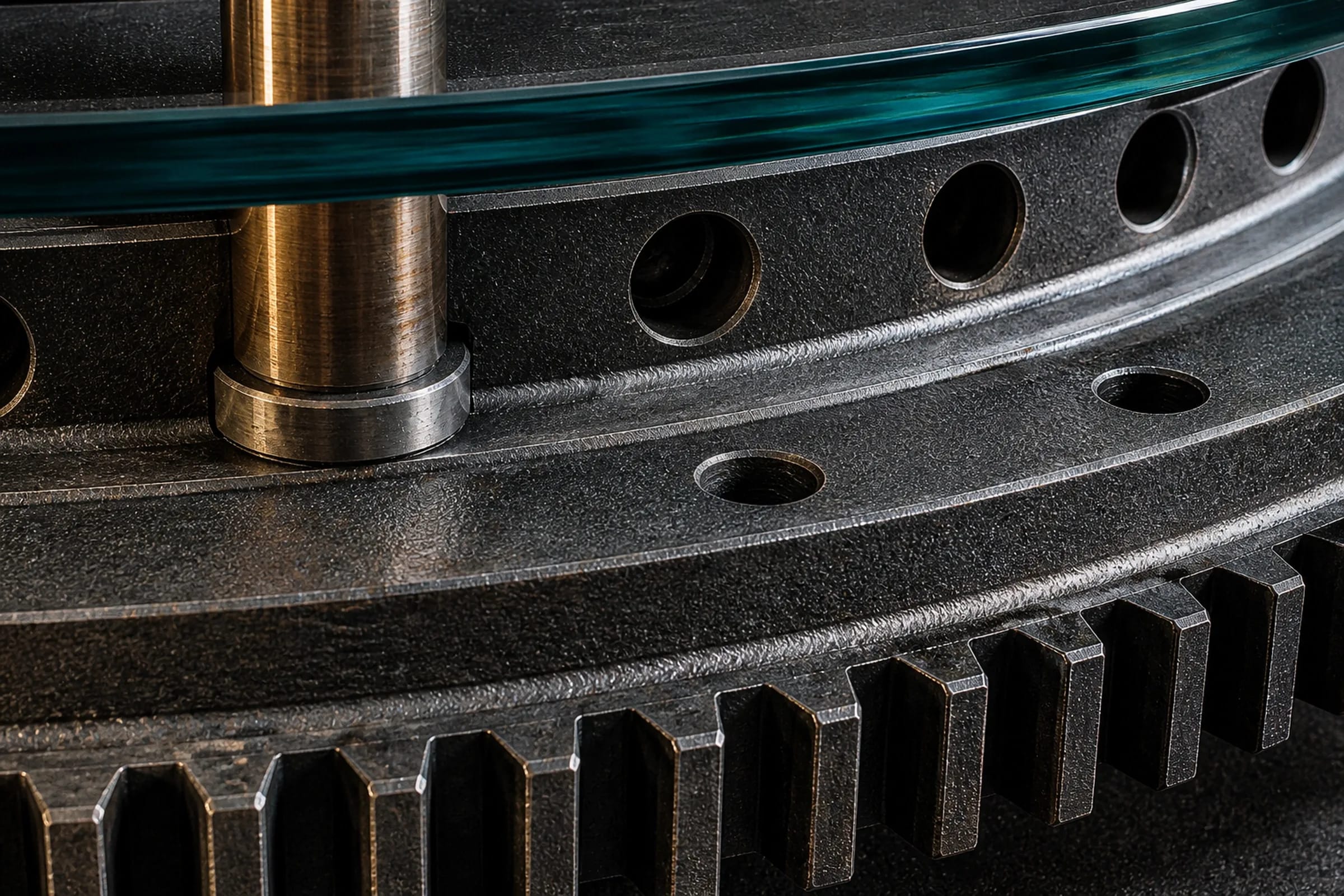Detail of gear teeth, bolt holes, patina and glass edge on SLEW 110.