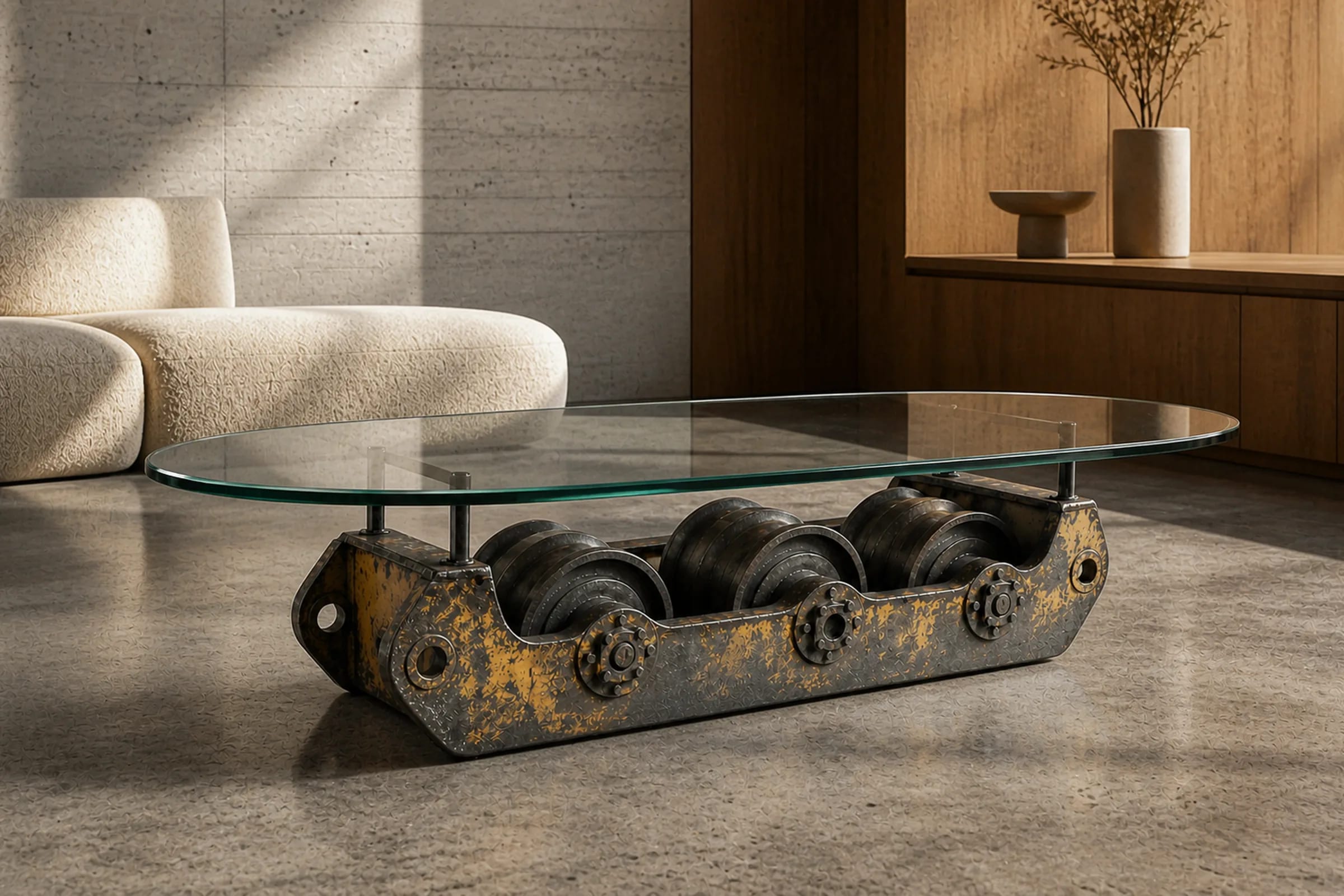 Oval BOGIE 125 table with three undercarriage rollers in a brutalist living room.