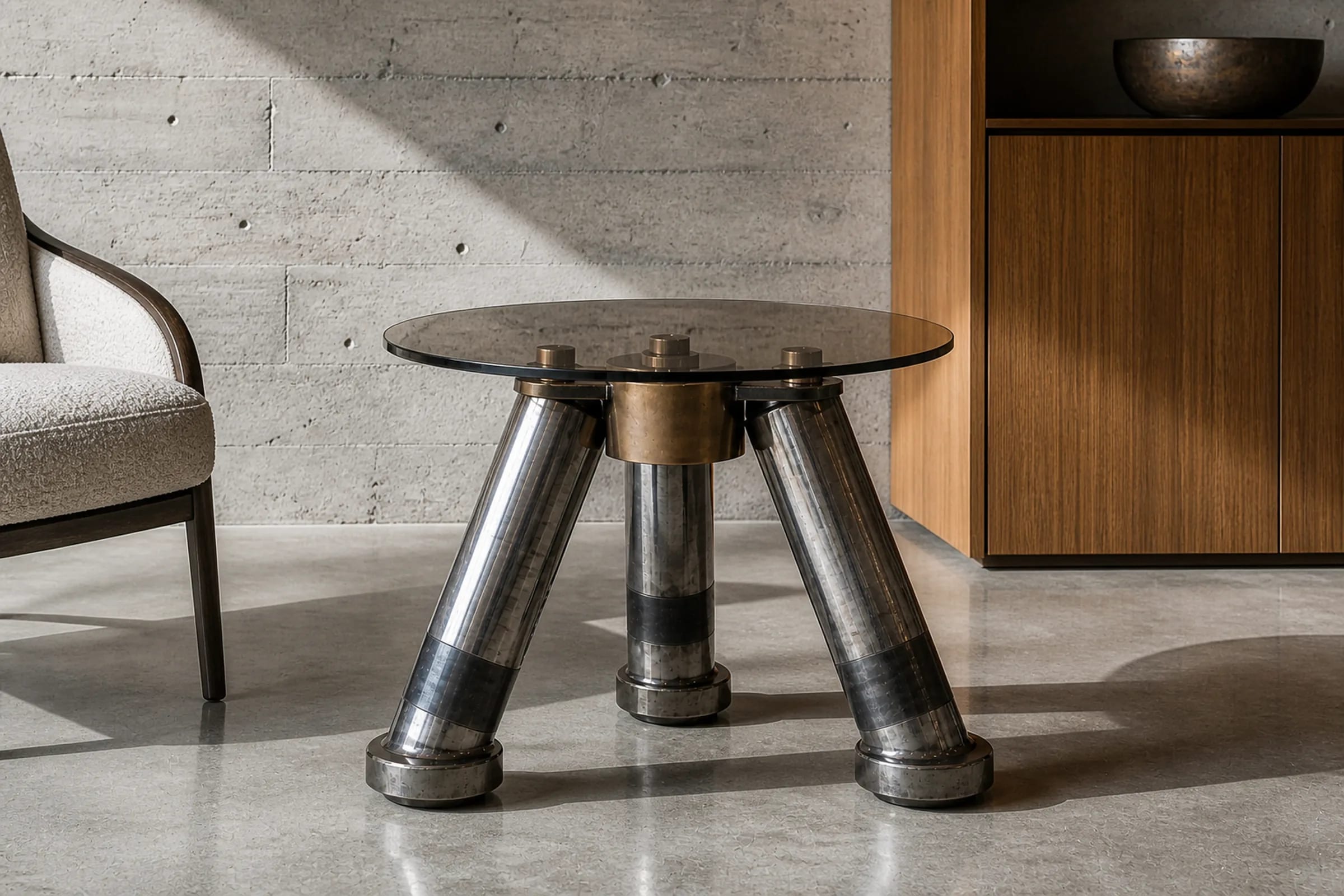 PIN 60 side table on three steel pivot pins in a library.