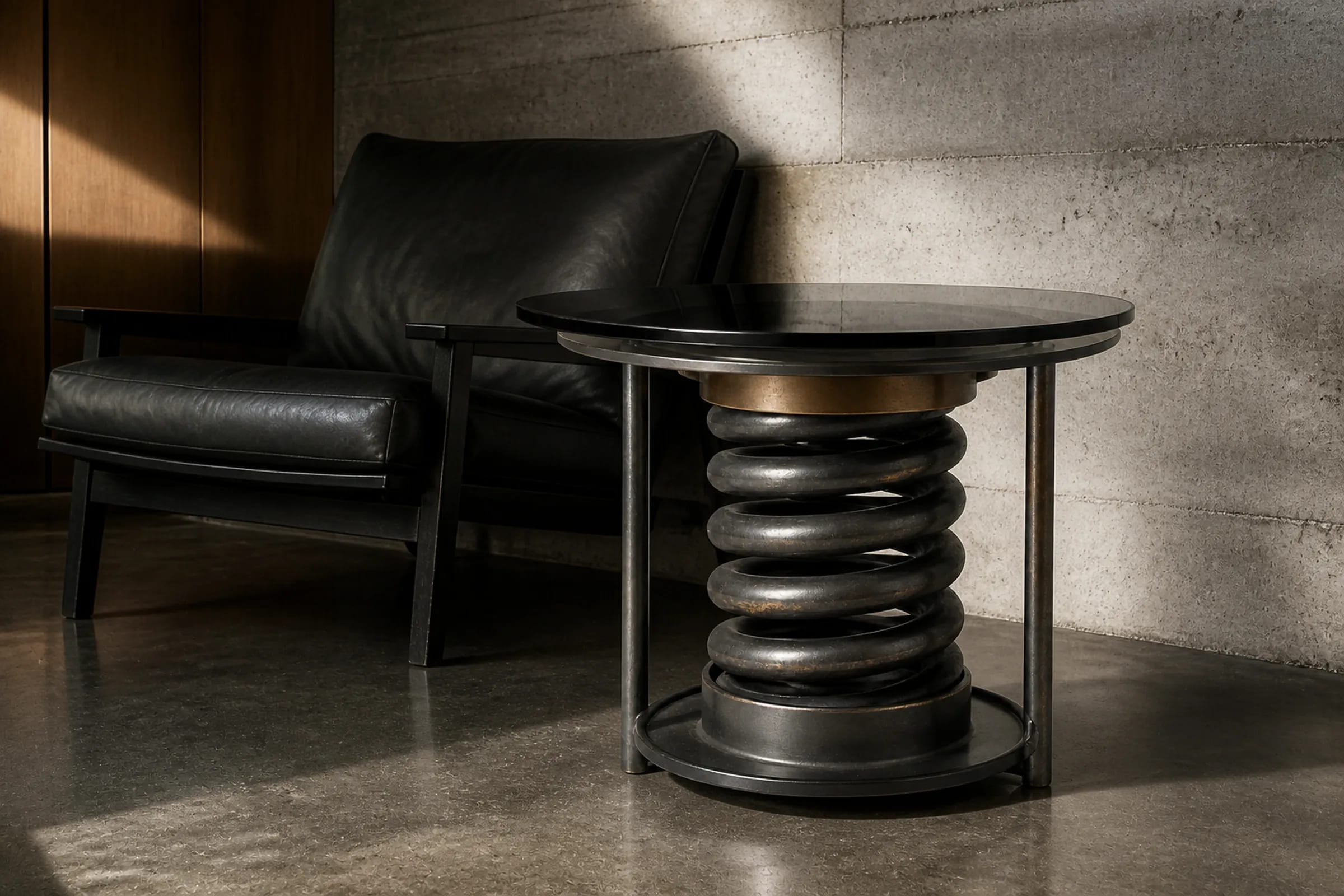 TENSION 65 side table made from an excavator track spring beside a low chair.