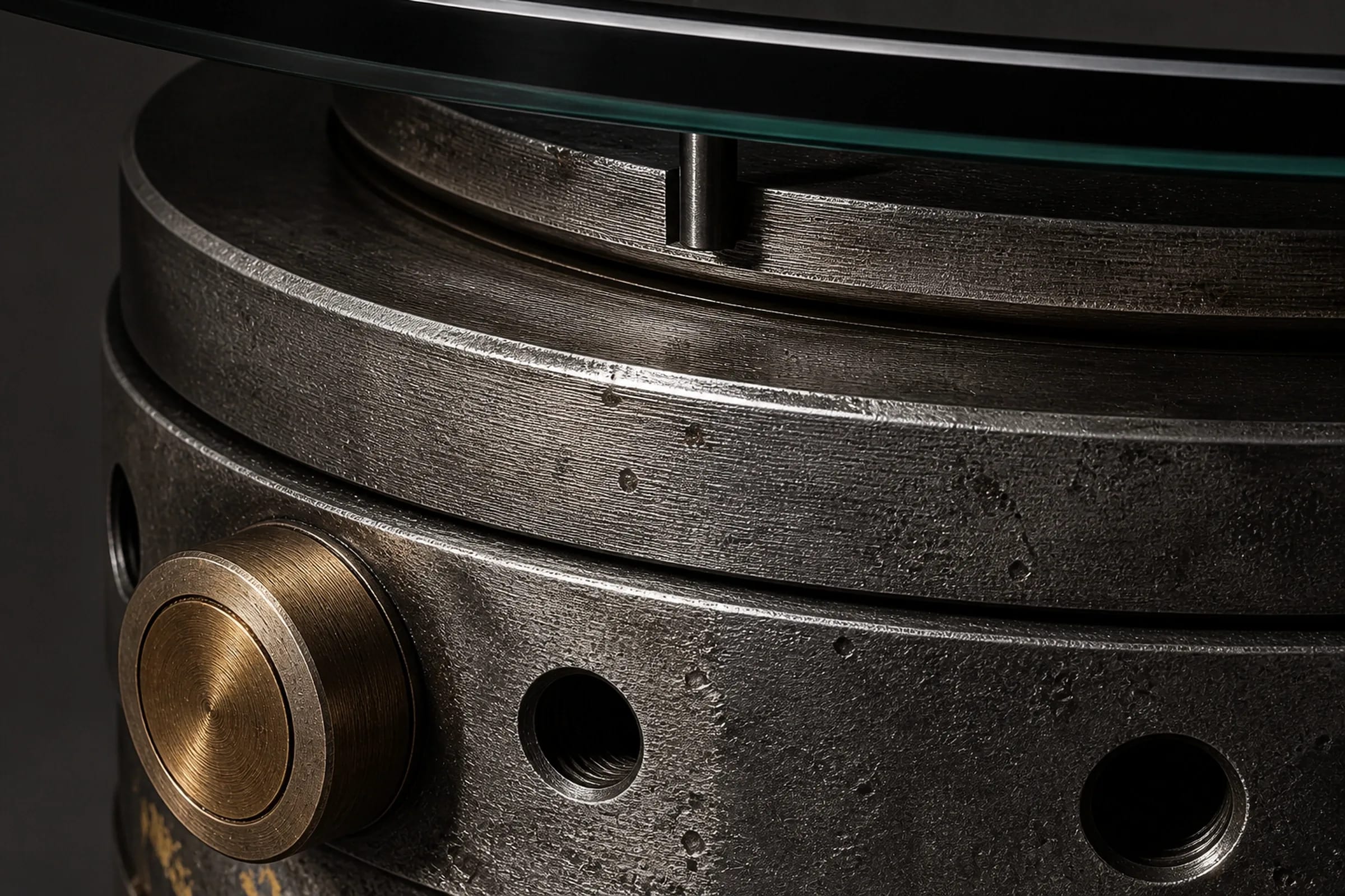Detail of sealing land, bronze port plug and smoked glass on SWIVEL 75.
