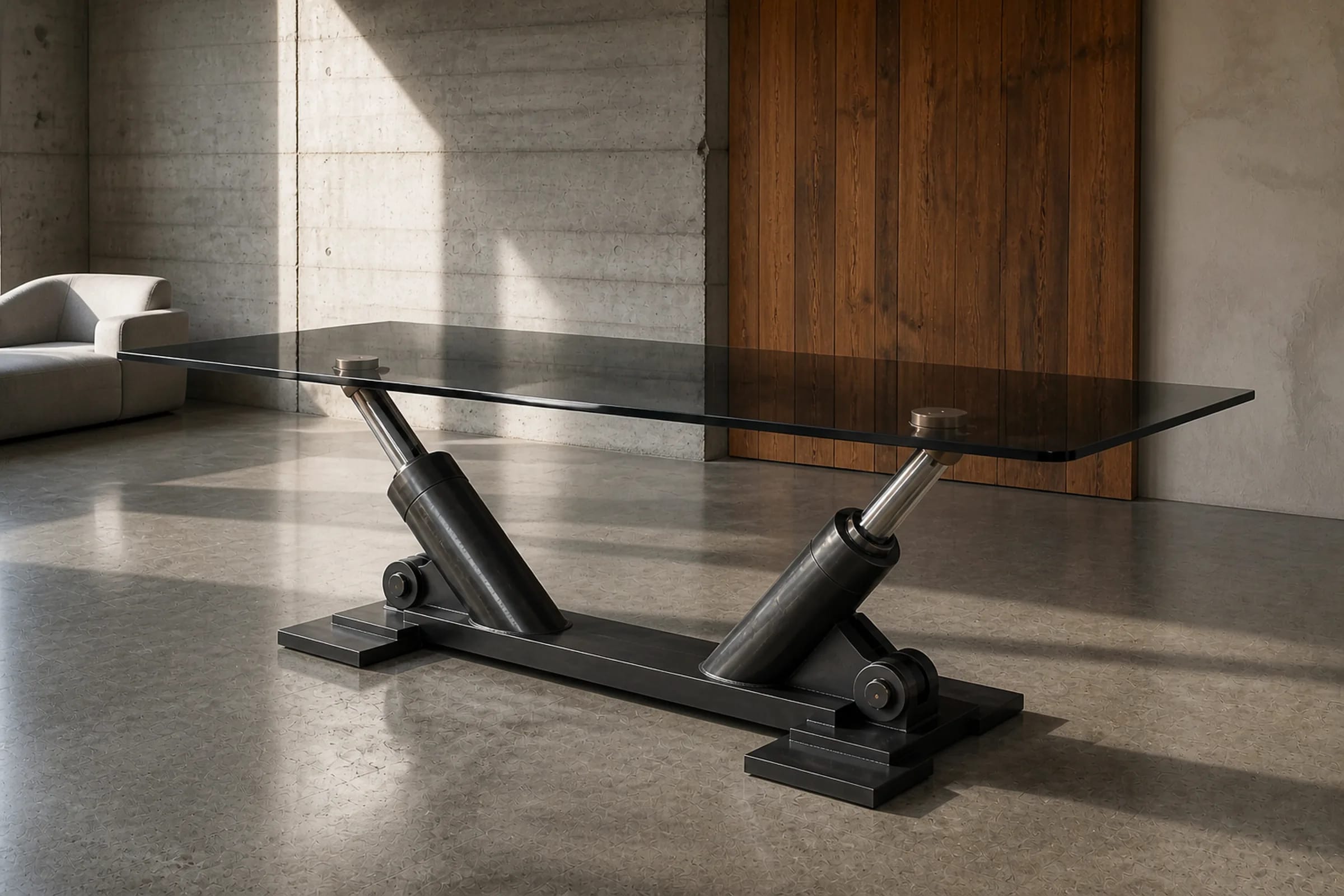 RAM 220 dining table on two hydraulic cylinders in a concrete interior.