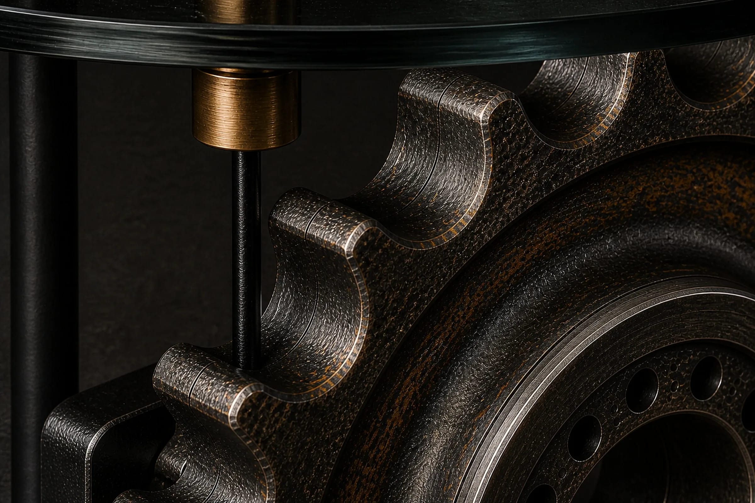 Detail of worn teeth, patina, brass spacer and smoked glass on SPROCKET 55.