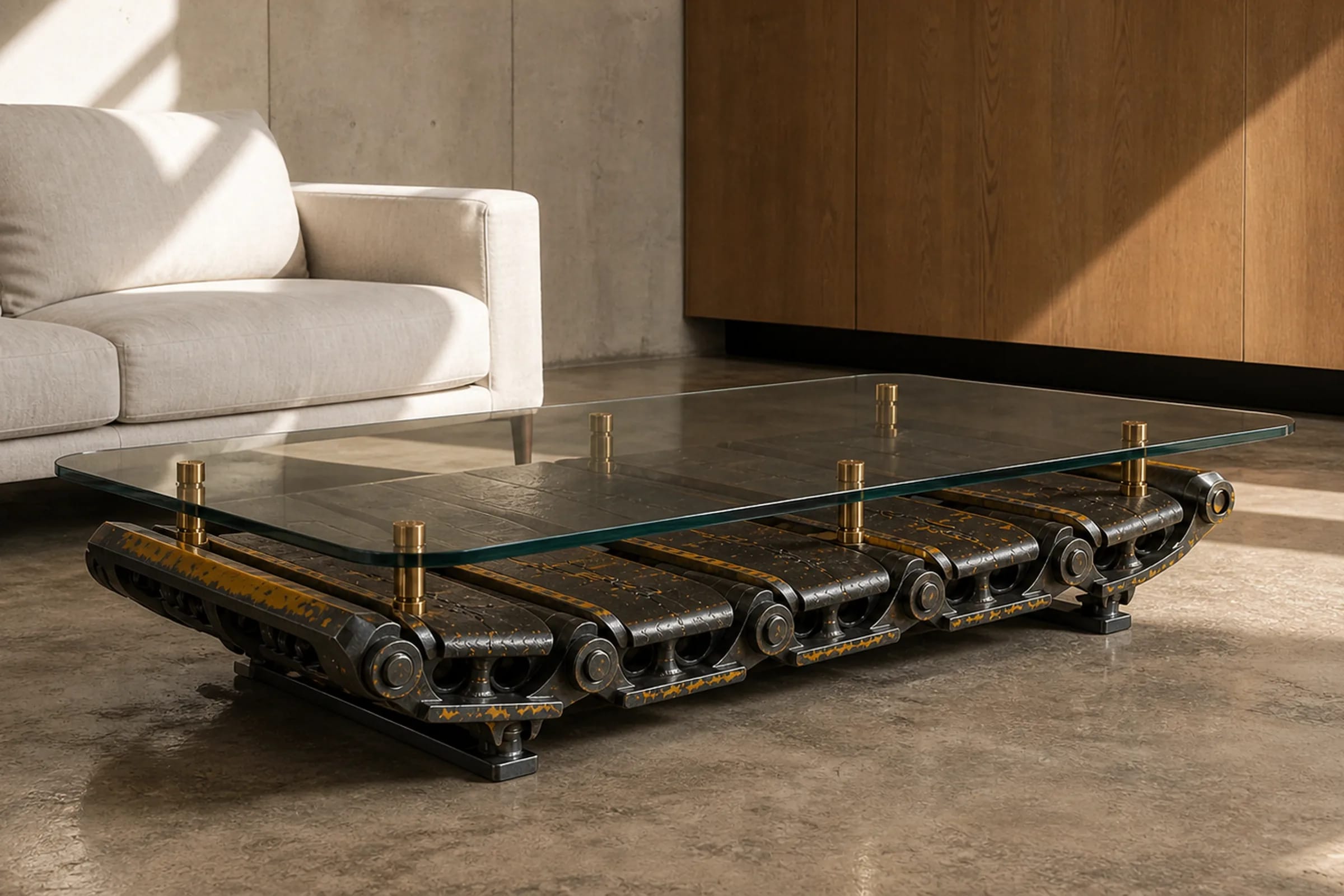 TRACK 140 table made from a track segment with glass, in a warm brutalist living room.