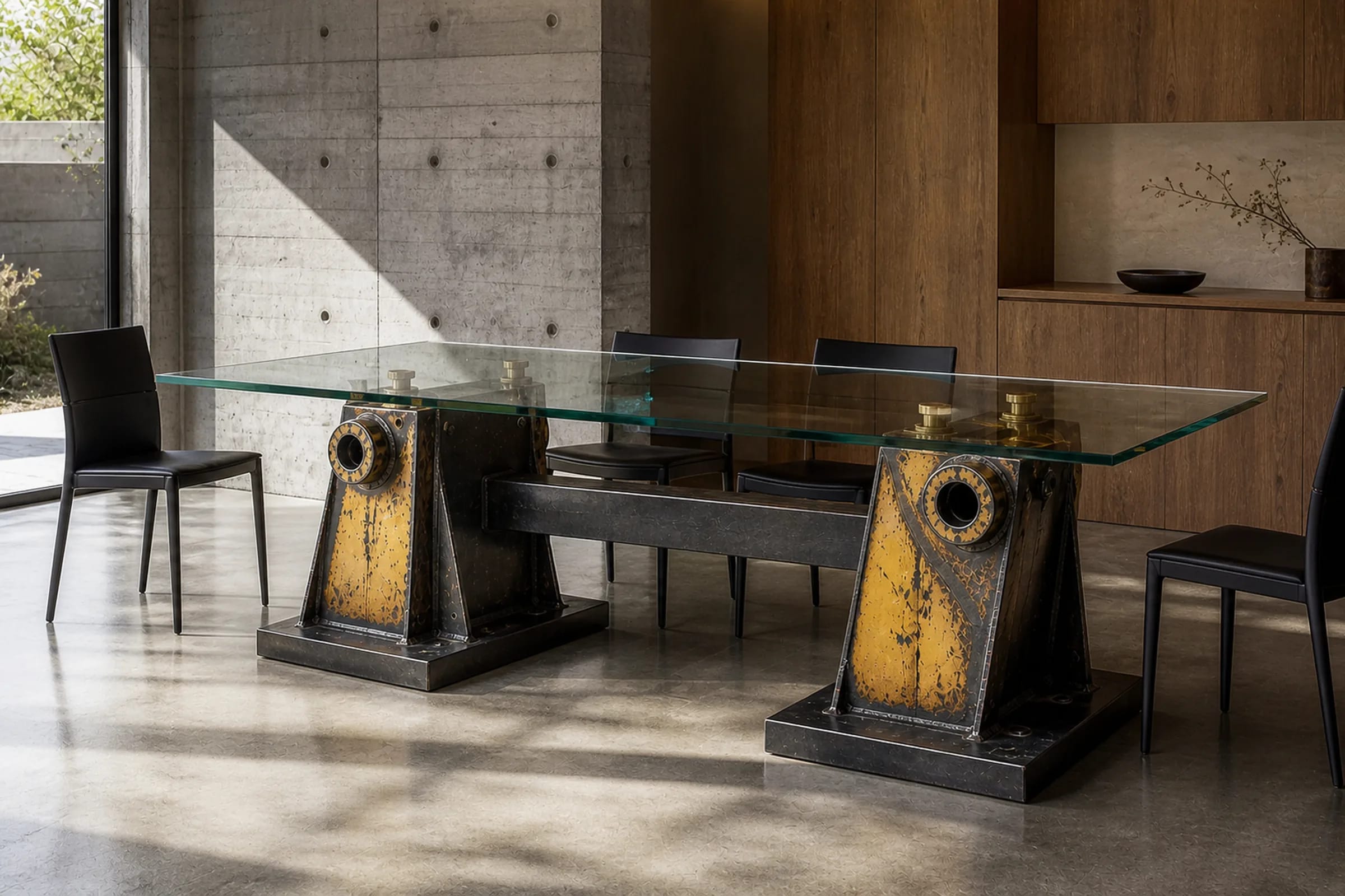 Large BOOM 240 dining table from two boom sections in a concrete interior.