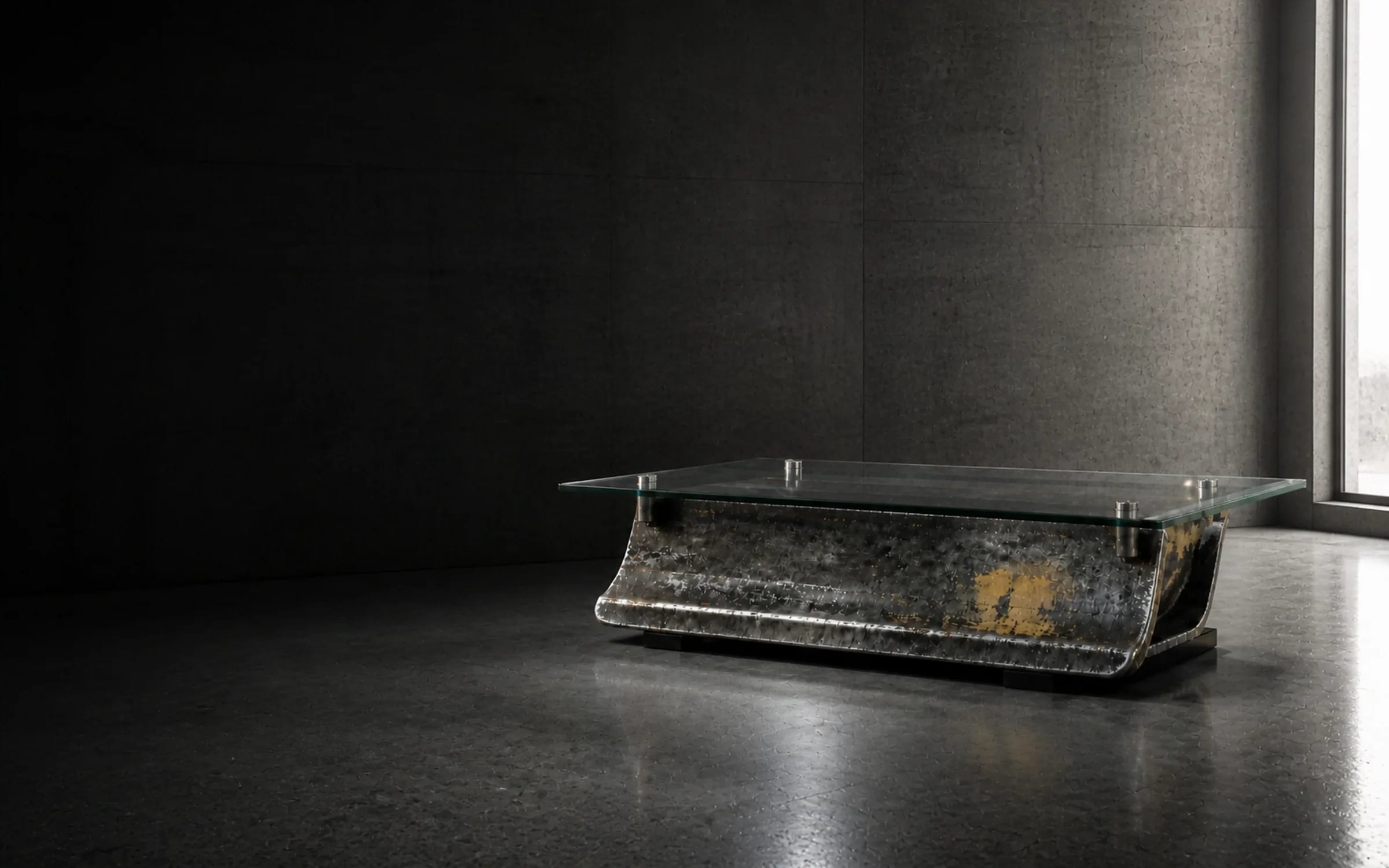 BLADE 120 coffee table in a concrete gallery interior, lit by a narrow shaft of daylight.