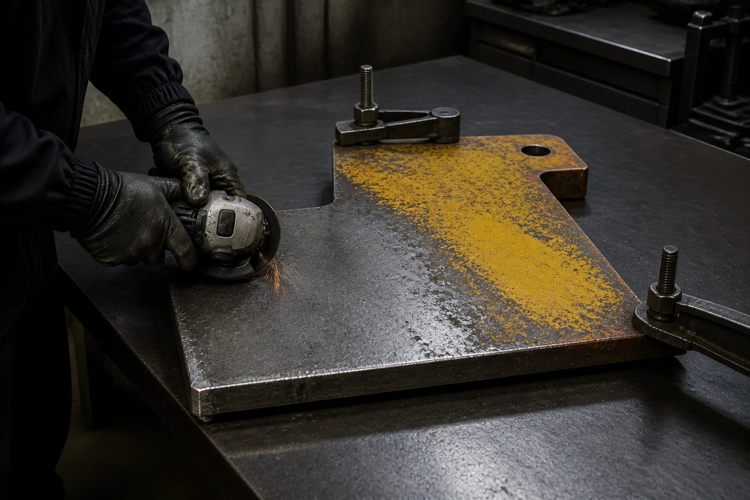 Workshop scene: a reclaimed machine part being stripped and stabilised.